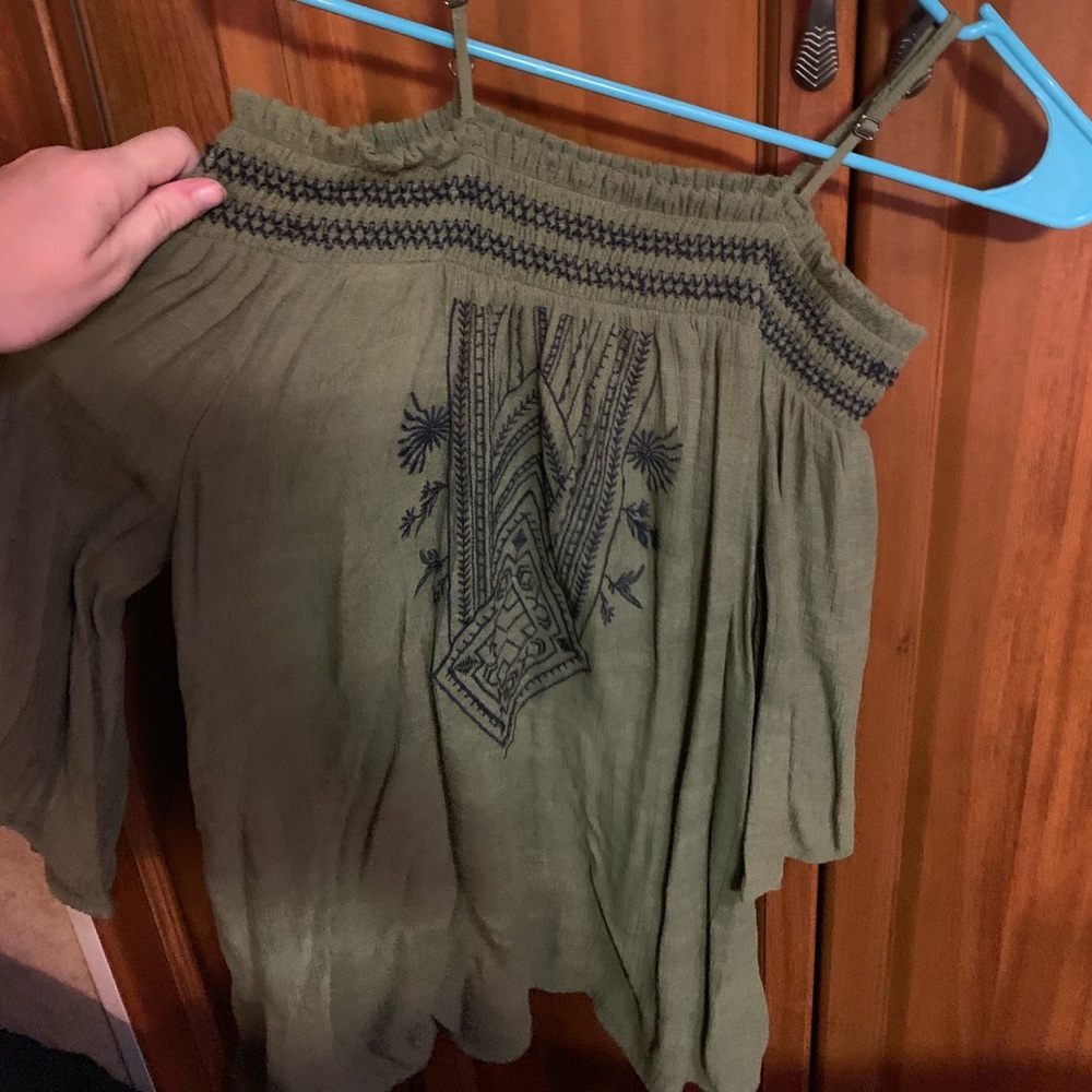 Olive green hang off shoulder shirt